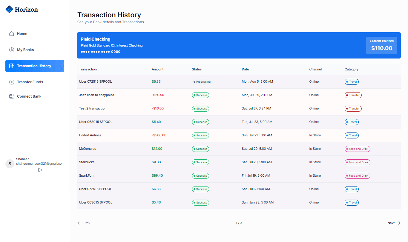 horizon banking transactions history