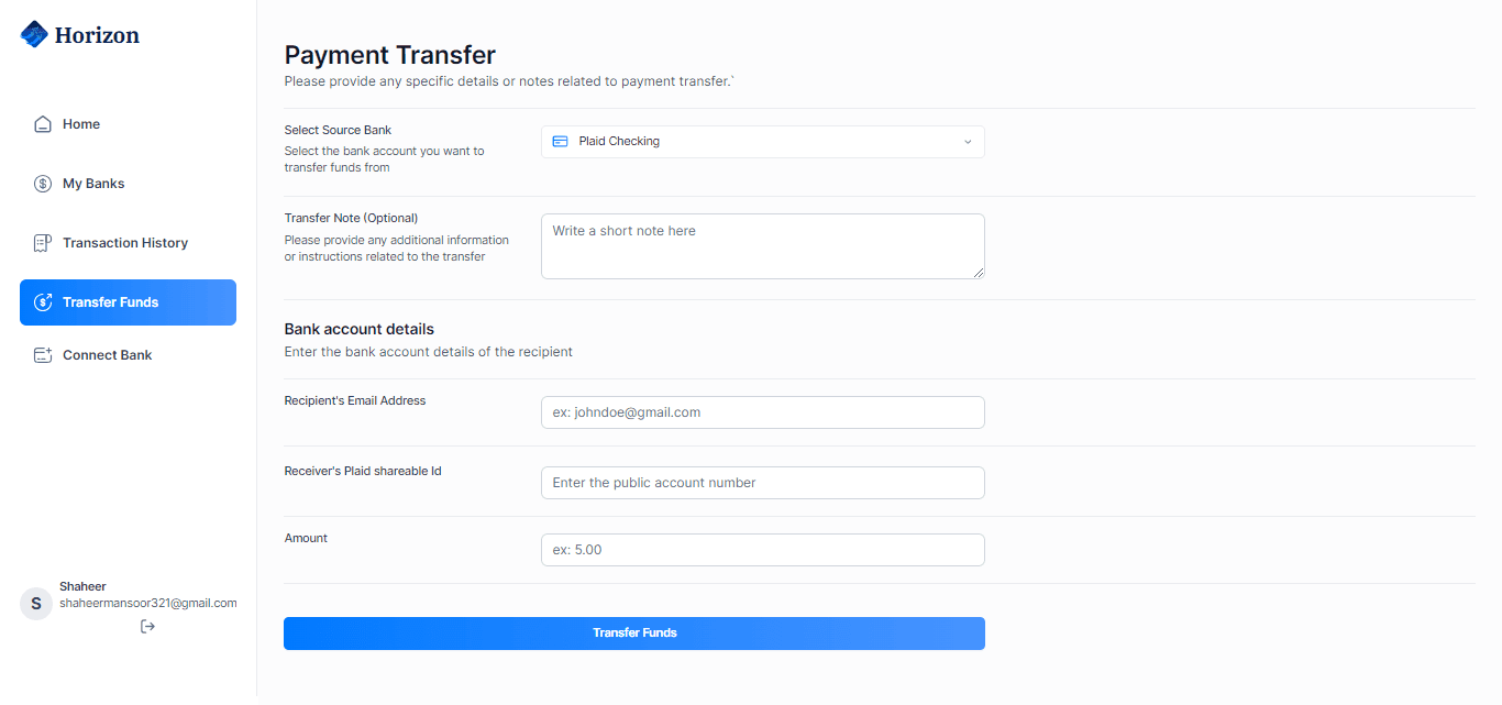 horizon banking transferpage